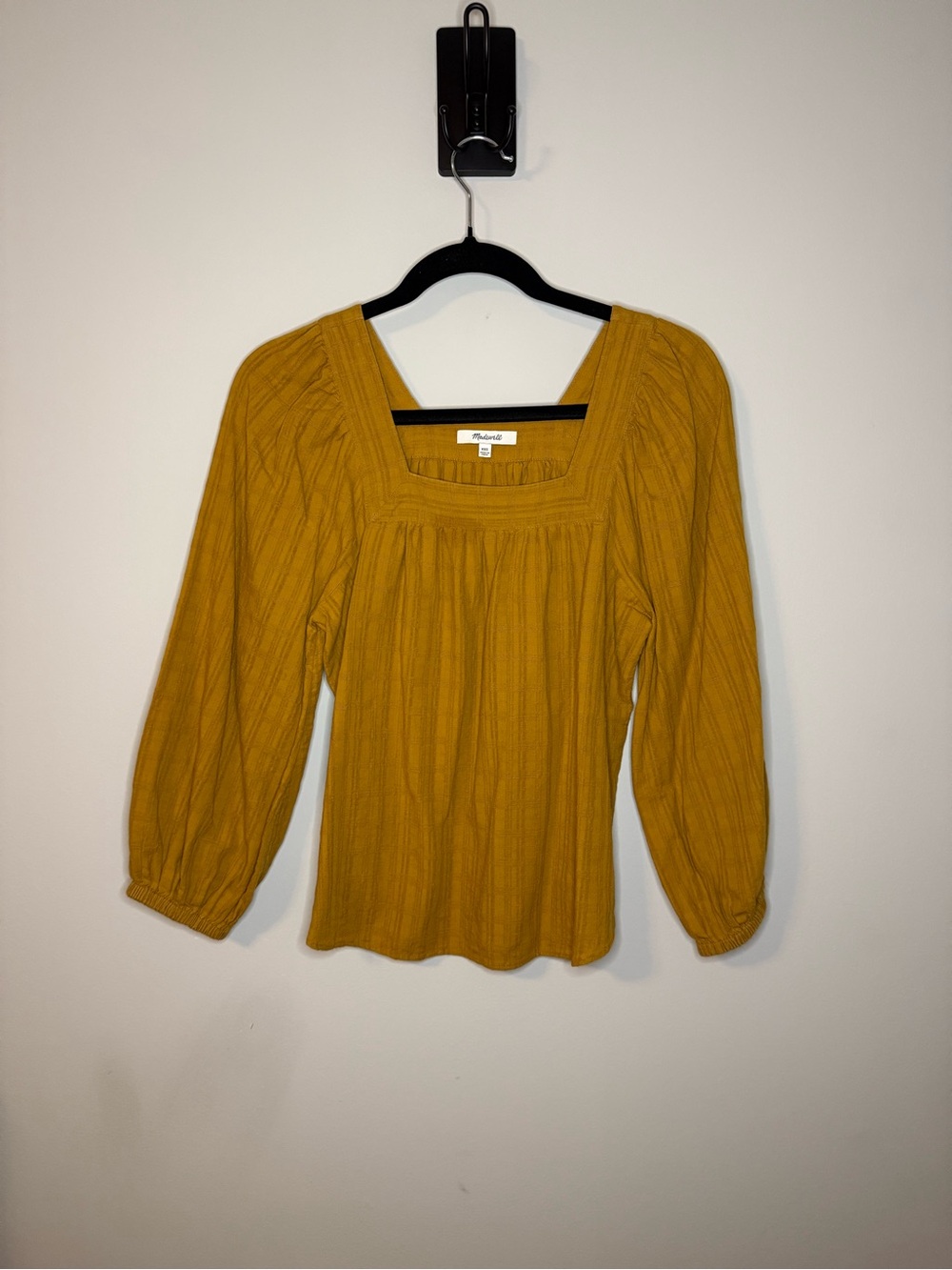 Madewell Square-Neck Bubble-Sleeve Mustard Yellow Shirt in Plaid US XXS